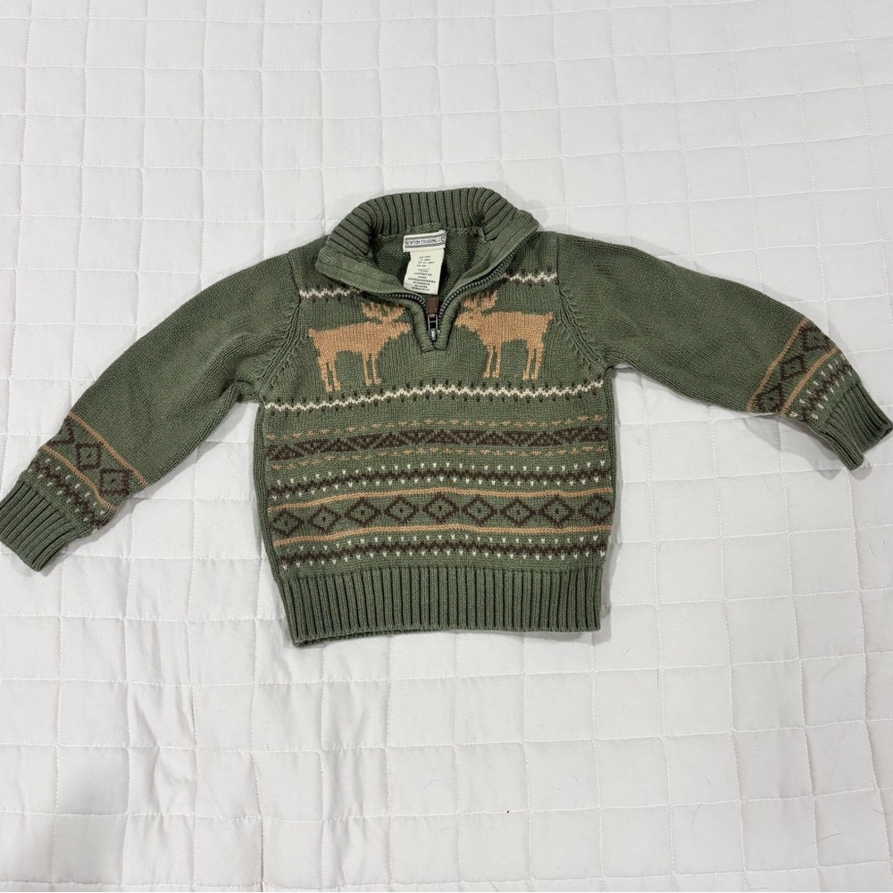 Newton Trading Co. Cotton 1/4 Zip Knit Sweater Green with Moose 18M